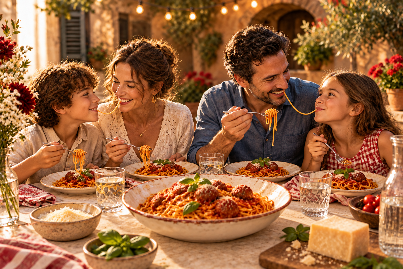 Gezin smult samen van spaghetti met gehaktballen aan tafel