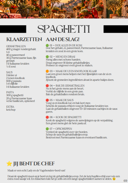 Receptpagina met stappen voor spaghetti met gehaktballen